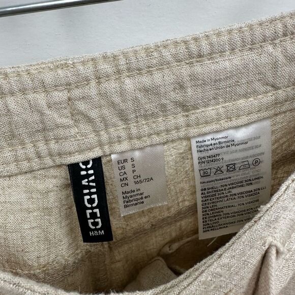 H&M Beige Linen Blend 2 Piece Pant Set Ruche Tie Front Top Wide Leg Size XS/S - Picture 14 of 15